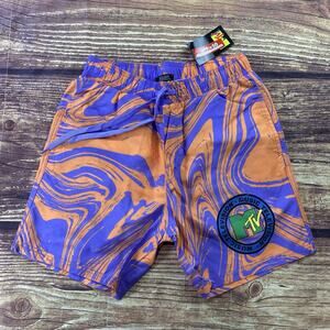 MTV Swirl Swim Surf Trunks Shorts S Colorful Mesh Purple Orange 90s Music